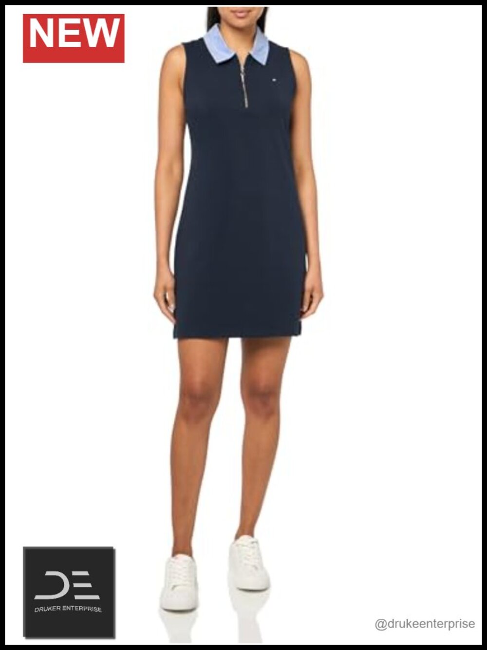 Sleeveless Collared Front Zip Cotton Knit Tank Dress Chambray Collar Work Casual